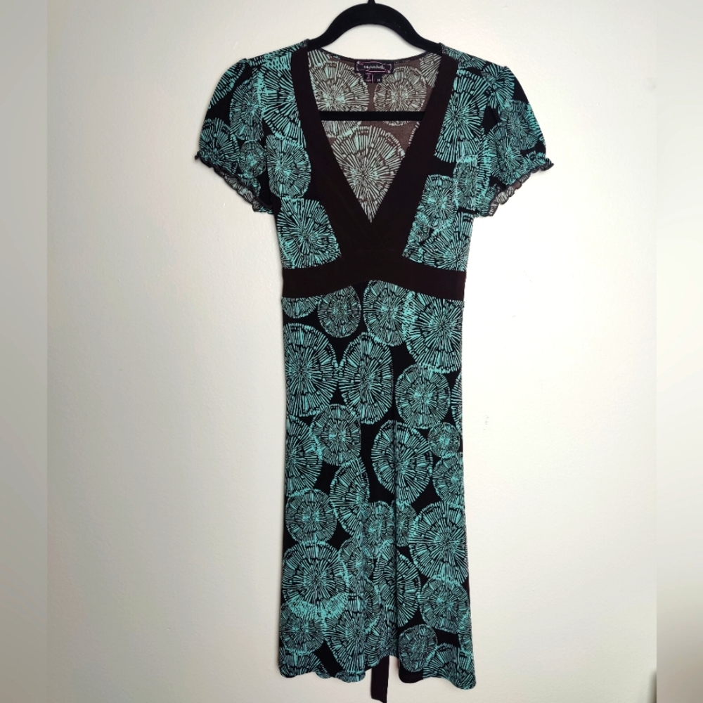 Vintage Y2K My Michelle Empire Waist Midi Dress, Brown/Teal Graphic Print, Sz M